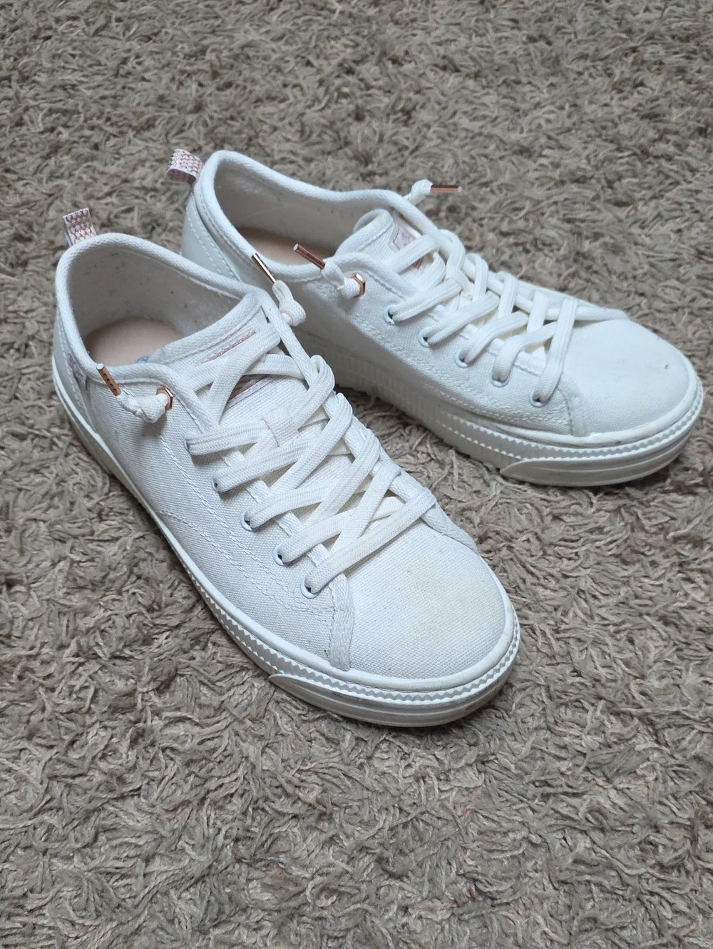 BOBS from Skechers White Canvas Sneakers with Rose Gold Accents